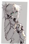  1girl braid cellgloves commentary_request eyebrows_visible_through_hair fang fate/apocrypha fate/grand_order fate_(series) french_braid green_eyes grey_background greyscale long_hair monochrome mordred_(fate) mordred_(fate)_(all) open_mouth ponytail scrunchie simple_background sketch solo spot_color suit_jacket upper_body yorukun 