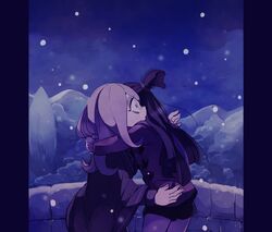  2girls brown_hair crying hug kagari_atsuko little_witch_academia long_hair multiple_girls pale_skin pink_hair snow sucy_manbavaran witch 