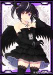  1girl :o bangs bare_shoulders black_dress black_feathers black_gloves black_hair black_legwear black_wings bracelet breasts center_frills collarbone commentary_request company_name cowboy_shot daibouken!_yukeyuke_osawari_island dress elbow_gloves eyebrows_visible_through_hair feathered_wings feathers frame gem gloves gothic_lolita hair_between_eyes hair_bobbles hair_feathers hair_ornament hand_on_own_head hand_up heterochromia jewelry komimiyako lace_background lolita_fashion looking_at_viewer multicolored_hair necklace official_art red_eyes shiny shiny_hair short_dress short_hair short_twintails sidelocks small_breasts solo standing strapless strapless_dress streaked_hair thigh-highs twintails violet_eyes white_hair wings 