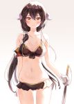  1girl arm_at_side azur_lane bangs bare_arms bare_shoulders bikini black_bikini black_ribbon blush breasts brown_background brown_hair character_request cleavage closed_mouth collarbone cowboy_shot gloves gluteal_fold hair_between_eyes hair_ornament hair_scrunchie holding holding_sword holding_weapon horns legs_apart long_hair looking_at_viewer manio medium_breasts mikasa_(azur_lane) navel ribbon scrunchie simple_background solo standing stomach swimsuit sword very_long_hair weapon white_gloves yellow_eyes 