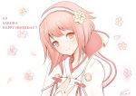 1girl artist_name atoatto blush cherry_blossoms dated fire_emblem fire_emblem_if hairband happy_birthday petals pink_eyes pink_hair portrait sakura_(fire_emblem_if) simple_background solo white_background 