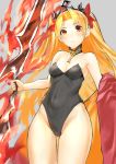 1girl bare_legs bare_shoulders black_leotard blonde_hair breasts cape cowboy_shot detached_collar ereshkigal_(fate/grand_order) fate/grand_order fate_(series) fire highres leotard playboy_bunny_leotard red_cape red_eyes small_breasts solo strapless strapless_leotard tani_wataru tiara tohsaka_rin two_side_up 