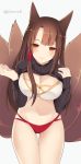 1girl akagi_(azur_lane) animal_ears azur_lane bangs bikini black_sweater blush breasts brown_hair cleavage closed_mouth clothes_lift cowboy_shot fox_ears fox_tail grey_background hands_up highres kitsune large_breasts lifted_by_self long_sleeves looking_at_viewer mismatched_bikini multiple_tails red_bikini_bottom red_eyes simple_background skindentation smile solo standing sweater sweater_lift swimsuit tail thigh_gap thighs white_bikini_top