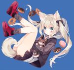  1girl :o animal animal_ears animal_hug bangs black_bow black_jacket black_legwear black_skirt blue_background blush bow chocolate_doughnut commentary_request dog dog_ears dog_girl dog_tail doughnut eyebrows_visible_through_hair food full_body green_eyes grey_hoodie hair_between_eyes hair_bow heart hood_up hoshi_(snacherubi) jacket light_brown_hair long_hair looking_at_viewer open_clothes open_jacket original parted_lips pleated_skirt pon_de_ring red_footwear shoes sidelocks simple_background skirt sneakers socks solo tail twintails very_long_hair 