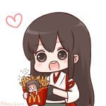  2girls :d akagi_(kantai_collection) antenna_hair batta_(ijigen_debris) blank_eyes blush brown_eyes brown_hair chibi commentary_request double_bun eyebrows_visible_through_hair flying_sweatdrops food french_fries heart holding in_food japanese_clothes kantai_collection long_hair mcdonald&#039;s minigirl multiple_girls muneate naka_(kantai_collection) o_o open_mouth round_teeth scared simple_background smile teeth twitter_username upper_teeth white_background wristband 
