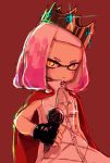  1girl arm_at_side bare_arms cape closed_mouth crown darandy domino_mask explosion fingerless_gloves gloves hand_up high_collar highres hime_(splatoon) holding holding_microphone jacket jewelry looking_at_viewer mask medium_hair microphone mole mole_under_mouth pink_hair sleeveless sleeveless_jacket solo sparkle splatoon splatoon_2 tentacle_hair upper_body yellow_eyes zipper zipper_pull_tab 