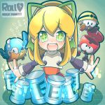  1girl android blonde_hair dress energy_tank green_eyes green_ribbon hair_ribbon highres long_hair ponytail red_dress ribbon robot rockman rockman_(classic) roll undershirt 