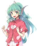  1girl :d animal_ears bangs buttons collared_shirt commentary_request cowboy_shot ebizome eyebrows_visible_through_hair green_eyes green_hair horn komano_aun long_hair looking_at_viewer navel open_mouth partially_unbuttoned round_teeth shirt short_sleeves simple_background smile solo tail teeth touhou white_background 