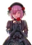  1girl :d ^_^ ^o^ alternate_costume black_bow black_dress black_gloves blush bow breasts closed_eyes criss-cross_halter dress eburi_a elbow_gloves eyebrows_visible_through_hair facing_viewer fate/grand_order fate_(series) flower frilled_sleeves frills gloves hair_flower hair_ornament hair_over_one_eye hairband halterneck happy holding holding_flower lace lace-trimmed_sleeves lolita_fashion lolita_hairband mash_kyrielight medium_breasts open_mouth puffy_short_sleeves puffy_sleeves red_rose rose shiny shiny_hair short_hair short_sleeves simple_background smile solo upper_body white_background 