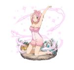  1girl ;) arm_up armpits barefoot breasts cleavage collarbone faux_figurine feet floral_print frills full_body hair_ornament hairclip kneeling lisbeth looking_at_viewer medium_breasts naked_towel official_art one_eye_closed pink_hair pink_towel red_eyes simple_background smile solo sword_art_online towel white_background 