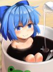  1girl absurdres blue_bow blue_eyes blue_hair bow cirno closed_mouth coffee coffee_mug collarbone commentary_request cup eyebrows_visible_through_hair hair_bow highres looking_at_viewer minigirl nude partially_submerged saisoku_no_yukkuri short_hair smile solo sparkle touhou 