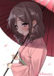  1girl bangs blush brown_eyes brown_hair drill_hair ebifurya eyebrows_visible_through_hair harukaze_(kantai_collection) highres holding kantai_collection long_sleeves looking_at_viewer oriental_umbrella parted_lips side_drill simple_background solo twin_drills umbrella upper_body white_background 