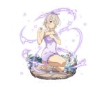  1girl ;) barefoot breasts cleavage collarbone faux_figurine feet floral_print frills full_body grey_hair medium_breasts official_art one_eye_closed one_knee pointy_ears purple_towel red_eyes short_hair_with_long_locks sidelocks simple_background smile solo strea_(sao-alo) sword_art_online toes white_background 