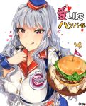  food hamburger headset highres idolmaster shijou_takane silver_hair tuxedo_de_cat 
