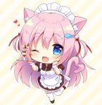  1girl ;d animal_ears apron bangs bell black_bow black_dress black_footwear blue_eyes blush bow cat_ears cat_girl cat_tail chibi commentary_request diagonal-striped_background diagonal_stripes dress eyebrows_visible_through_hair fang fish_hair_ornament frilled_apron frills full_body garter_straps hair_between_eyes hair_ornament heart heart_tail highres holding holding_tray jingle_bell looking_at_viewer maid_headdress natsuki_marina one_eye_closed open_mouth original parfait pink_eyes puffy_short_sleeves puffy_sleeves shoes short_sleeves smile solo standing standing_on_one_leg tail thigh-highs tray white_apron white_legwear wrist_cuffs 
