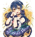  1girl bangs birthday blue_dress blue_hair blush character_name choker commentary_request dated detached_sleeves dress earmuffs eyebrows_visible_through_hair flower hair_between_eyes hair_flower hair_ornament hair_ribbon hand_up happy_birthday long_hair looking_at_viewer love_live! love_live!_school_idol_project open_mouth plaid plaid_skirt pleated_dress pleated_skirt purin_(purin0) ribbon scrunchie skirt smile solo sonoda_umi striped wrist_scrunchie 