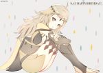  ! 1girl artist_name atoatto blonde_hair breasts brown_eyes circlet cleavage dated fire_emblem fire_emblem_if grey_background happy_birthday long_hair open_mouth ophelia_(fire_emblem_if) sitting 