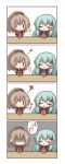  2girls 4koma :d =_= ? bangs blush brown_jacket collared_shirt comic commentary_request cup drink drinking drinking_glass drinking_straw eyebrows_visible_through_hair green_eyes hair_between_eyes hair_ornament high_ponytail highres holding holding_drinking_glass jacket kantai_collection komakoma_(magicaltale) kumano_(kantai_collection) light_brown_hair long_hair long_sleeves multiple_girls musical_note open_mouth ponytail quaver school_uniform shirt smile suzuya_(kantai_collection) sweatdrop translation_request turn_pale very_long_hair white_shirt ||_|| 