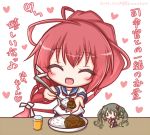  2girls ^_^ all_fours bangs blue_swimsuit closed_eyes cup curry curry_rice drink drinking_glass eyebrows_visible_through_hair facing_viewer fairy_(kantai_collection) food hair_between_eyes hair_ribbon head_tilt heart holding holding_spoon i-168_(kantai_collection) kantai_collection komakoma_(magicaltale) light_brown_hair long_hair multiple_girls neckerchief one-piece_swimsuit pov_feeding red_neckwear redhead ribbon rice school_uniform serafuku shirt short_sleeves swimsuit swimsuit_under_clothes translation_request twintails very_long_hair white_background white_ribbon white_shirt ||_|| 
