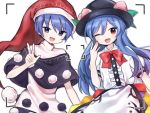  2girls :3 :d ;d antinomy_of_common_flowers blue_eyes blue_hair blush bow bowtie capelet collared_shirt doremy_sweet dress food food_on_head fruit fruit_on_head hat hinanawi_tenshi laughing looking_at_viewer multiple_girls nightcap object_on_head one_eye_closed open_mouth peach pom_pom_(clothes) pose red_eyes reticule shirt smile soooooook2 touhou v w 