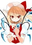  1girl bangs blonde_hair bow commentary_request flandre_scarlet gotoh510 hands_up hat hat_bow long_hair looking_at_viewer mob_cap puffy_short_sleeves puffy_sleeves red_bow red_eyes short_sleeves sketch solo touhou upper_body vest white_hat wings 