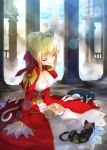  1girl amami_amayu animal_ears blonde_hair braid breasts cat cat_ears cat_tail cleavage closed_eyes column epaulettes fate/extra fate_(series) french_braid hair_intakes highres lens_flare light_rays medium_breasts nero_claudius_(fate) nero_claudius_(fate)_(all) pillar sleeping solo tail 