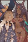  2girls ;) abigail_williams_(fate/grand_order) animal_ears bangs bikini_bottom black_bikini_bottom black_hat blonde_hair bokaa_(exploration) bow breasts commentary_request dark_skin fate/grand_order fate_(series) forehead gem gluteal_fold green_eyes hand_on_another&#039;s_head hat hat_bow head_chain jewelry keyhole large_breasts long_hair looking_at_viewer multiple_girls navel one_eye_closed orange_bow orange_eyes parted_bangs polka_dot polka_dot_bow purple_hair queen_of_sheba_(fate/grand_order) revealing_clothes smile witch 