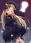  1girl abigail_williams_(fate/grand_order) bangs black_bow black_dress black_hat blonde_hair bloomers blue_eyes bow butterfly closed_mouth commentary_request doonatsu. dress fate/grand_order fate_(series) forehead hair_bow hat head_tilt highres keyhole long_sleeves looking_at_viewer object_hug orange_bow parted_bangs polka_dot polka_dot_bow sleeves_past_wrists smile solo stuffed_animal stuffed_toy teddy_bear underwear white_bloomers 