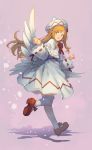  1girl blonde_hair capelet dress eho_(icbm) feathered_wings hand_up hat highres lily_white long_sleeves mary_janes orange_eyes pink_background red_footwear ribbon-trimmed_dress ribbon-trimmed_sleeves ribbon_trim running shoes smile solo touhou white_dress white_hat white_legwear white_wings wings 