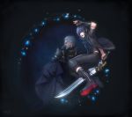  2boys beard black_clothes black_hair black_jacket boots cape capri_pants engine_blade facial_hair father_and_son final_fantasy final_fantasy_xv gem grey_hair jacket multiple_boys nagi_(siki2n) noctis_lucis_caelum pants regis_lucis_caelum sword weapon 