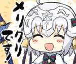 :d ^_^ bangs bell blush_stickers bow capelet closed_eyes commentary_request engiyoshi eyebrows_visible_through_hair facing_viewer fate/grand_order fate_(series) green_bow green_ribbon hair_bow headpiece jeanne_d&#039;arc_(fate)_(all) jeanne_d&#039;arc_alter_santa_lily long_hair open_mouth polearm portrait ribbon silver_hair smile spear striped striped_bow striped_ribbon translation_request weapon white_capelet 