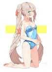  1girl absurdres artist_name bangs bare_legs bare_shoulders blonde_hair blue_swimsuit blush breasts closed_mouth collarbone eyebrows_visible_through_hair fate/grand_order fate_(series) highres kneeling light_smile long_hair looking_at_viewer marie_antoinette_(fate/grand_order) one-piece_swimsuit petite shiny shiny_hair sidelocks signature simple_background small_breasts smile soles solo swimsuit thighs uni_(melm) very_long_hair white_background 