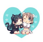  2girls ;) ;o animal_ears bangs black_hair blue_eyes blunt_bangs cat_ears cat_tail chibi crop_top fur_trim gloves grey_hair grin heart kougi_hiroshi long_hair looking_at_viewer love_live! love_live!_sunshine!! midriff multiple_girls navel one_eye_closed paw_boots paw_gloves paw_print paws short_hair side_bun sitting smile tail tsushima_yoshiko v-shaped_eyebrows violet_eyes watanabe_you 