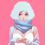  1girl blue_eyes breasts cleavage dress face ilya_kuvshinov lips long_sleeves looking_at_viewer off_shoulder original pink_background scarf short_hair simple_background solo upper_body white_dress white_hair 