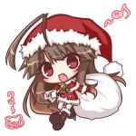  1girl :d ahoge bangs blush boots brown_footwear brown_hair commentary_request cross-laced_footwear dress eyebrows_visible_through_hair fang full_body fur-trimmed_boots fur-trimmed_capelet fur-trimmed_dress fur-trimmed_hat fur_trim gloves hat head_tilt holding holding_sack kantai_collection knee_boots komakoma_(magicaltale) kuma_(kantai_collection) lace-up_boots looking_at_viewer musical_note open_mouth quaver red_capelet red_dress red_eyes red_gloves red_hat sack santa_costume santa_gloves santa_hat simple_background smile solo thigh-highs translation_request white_background white_legwear 
