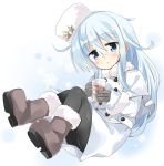  1girl black_legwear blue_eyes boots commentary_request fur_trim glass hammer_and_sickle hat hibiki_(kantai_collection) highres hizuki_yayoi kantai_collection long_hair looking_at_viewer pantyhose silver_hair solo verniy_(kantai_collection) white_coat winter_clothes 