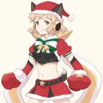  1girl animal_ears bell blonde_hair boxing_gloves cowboy_shot dog_ears fur-trimmed_gloves fur-trimmed_hat fur-trimmed_skirt fur_trim gloves headphones looking_at_viewer midriff nagisa_(12363) navel santa_costume scarf senki_zesshou_symphogear short_hair smile solo tachibana_hibiki_(symphogear) white_background yellow_eyes 