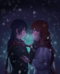  2girls bangs blue_hair blush coat commentary_request hair_between_eyes hands_on_another&#039;s_face highres long_hair looking_at_another love_live! love_live!_school_idol_festival love_live!_school_idol_project multiple_girls nishikino_maki pout red_scarf redhead scarf shared_scarf snowing sonoda_umi striped striped_scarf violet_eyes walluku yellow_eyes 