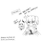  2girls bed_sheet blood blood_stain carmilla_(fate/grand_order) chibi color-les english fate/grand_order fate_(series) fujimaru_ritsuka_(female) greyscale holding monochrome multiple_girls open_mouth patreon_username scrunchie side_ponytail solid_circle_eyes surprised watermark web_address white_background wide_oval_eyes 