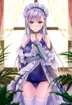  1girl arm_guards azur_lane backlighting bangs bare_shoulders belfast_(azur_lane) black_dress blue_swimsuit blurry blush braid breasts chains collar collarbone curtains depth_of_field dress dress_lift eyebrows_visible_through_hair french_braid frilled_dress frills gloves gluteal_fold hand_on_own_chest indoors kotatsu_(kotatsu358) large_breasts lifted_by_self long_hair long_sleeves looking_at_viewer maid_headdress off_shoulder one-piece_swimsuit school_swimsuit shiny shiny_hair silver_hair skindentation solo standing swimsuit swimsuit_under_clothes thigh-highs thigh_gap violet_eyes white_gloves white_legwear window 