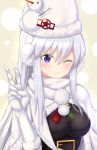  1girl ;) azur_lane bangs beanie belt_buckle black_belt black_sweater blush buckle closed_mouth commentary_request earmuffs elbow_gloves enterprise_(azur_lane) enterprise_(reindeer_master)_(azur_lane) fur-trimmed_capelet fur-trimmed_gloves fur-trimmed_hat fur_trim gloves hair_between_eyes hat i.f.s.f impossible_clothes impossible_sweater looking_at_viewer one_eye_closed pom_pom_(clothes) scarf silver_hair smile snowman solo sweater v violet_eyes white_capelet white_gloves white_hat white_scarf 