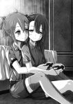  2girls asymmetrical_bangs bangs bed blush closed_mouth collarbone collared_shirt commentary controller eyebrows_visible_through_hair game_controller greyscale hair_between_eyes hair_ribbon head_tilt highres holding itaro koori_chikage looking_at_viewer monochrome multiple_girls neck_ribbon nogi_wakaba_wa_yuusha_de_aru on_floor open_clothes open_shirt playing_games pleated_skirt ribbon school_uniform shirt short_sleeves shorts side_ponytail sitting skirt smile striped striped_skirt sweater_vest takashima_yuuna thigh-highs wardrobe wing_collar yuusha_de_aru 