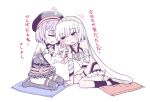  2girls altera_(fate) bare_shoulders black_hat blush dark_skin detached_sleeves etori fate/grand_order fate_(series) hat helena_blavatsky_(fate/grand_order) leaning_to_the_side multiple_girls on_pillow open_mouth purple_hair seiza short_hair sitting sitting_on_pillow thigh-highs translation_request veil white_background yokozuwari yuri 