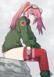  1girl alternate_costume aqua_eyes artist_request beads boots can canned_coffee coat goggles goggles_on_head green_coat green_jacket hair_beads hair_ornament jacket long_hair looking_at_viewer mars_people metal_slug metal_slug_attack no_pants nova_(metal_slug) pink_hair red_legwear sitting sitting_on_rock solo thigh-highs twintails 