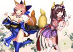  2girls animal_ears bare_shoulders black_hair blue_legwear blush bow breasts brown_hair cleavage detached_sleeves fang fate/grand_order fate_(series) floral_background fox_ears fox_shadow_puppet gloves hair_bow hair_ribbon hairband japanese_clothes large_breasts long_hair looking_at_viewer minato_yoshihiro multiple_girls one_eye_closed open_mouth osakabe-hime_(fate/grand_order) pink_hair ribbon tamamo_(fate)_(all) tamamo_no_mae_(fate) thigh-highs very_long_hair violet_eyes yellow_eyes 