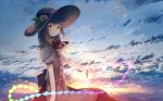  1girl apron blue_hair blue_sky clouds food fruit hat highres hinanawi_tenshi light_particles long_hair looking_at_viewer mifuru neck_ribbon peach red_eyes ribbon skirt sky smile solo sword sword_of_hisou touhou twilight weapon 