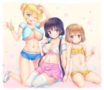  3girls ;d arm_up bangs bare_legs bare_shoulders black_hair blend_s blonde_hair blue_eyes blush boyshorts breasts brown_hair closed_mouth collarbone commentary covered_navel double_bun flat_chest frilled_swimsuit frills front-tie_top gym_shorts hair_bobbles hair_ornament hand_up highres hinata_kaho hoshikawa_mafuyu ichi_makoto kneeling large_breasts legs_together long_hair looking_at_viewer low_twintails midriff multiple_girls navel no_socks one-piece_swimsuit one_eye_closed open_mouth pink_skirt sakuranomiya_maika scrunchie see-through seiza shoes short_hair shorts sidelocks sitting skirt smile sneakers star starry_background swimsuit tareme teeth thigh-highs thighs tsurime twintails under_boob v very_long_hair violet_eyes white_footwear white_legwear wrist_scrunchie 