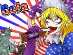  1girl american_flag american_flag_dress bald_eagle bird blonde_hair clownpiece drinking_straw eagle english eyeliner forehead_tattoo hair_between_eyes hat jester_cap legacy_of_lunatic_kingdom long_hair long_sleeves looking_at_viewer makeup open_mouth pointy_ears ryuuichi_(f_dragon) sharp_teeth sharp_tongue soda_bottle solo statue_of_liberty teeth tongue tongue_out touhou yellow_eyes 