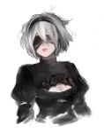  1girl black_dress black_hairband blindfold cleavage_cutout covered_eyes dress grey_hair gyullim hairband highres lips messy_hair mole mole_under_mouth nier_(series) nier_automata portrait short_hair simple_background sketch solo white_background yorha_no._2_type_b 
