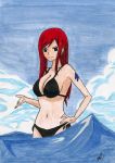  &gt;:) 1girl bikini black_bikini black_eyes clouds deviantart erza_scarlet fairy_tail long_hair looking_at_viewer partially_submerged red_hair sky solo volinschimihnea water 